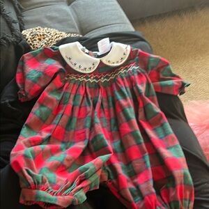 B33 Vintage Bubble Romper— Christmas plaid with smocking and embroidered collar